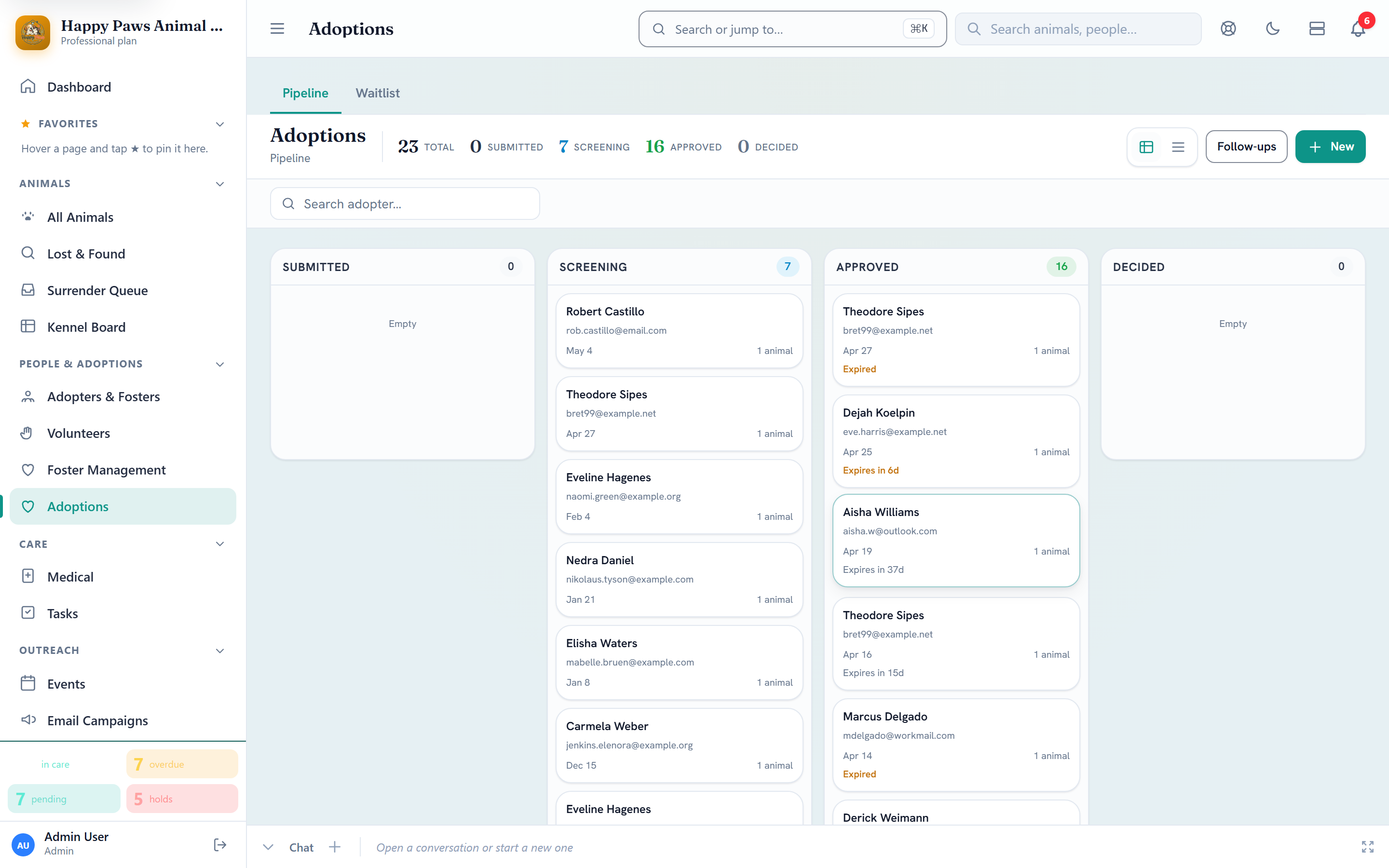 Adoption pipeline Kanban board with Pending, Approved, Completed, Returned, and Cancelled columns
