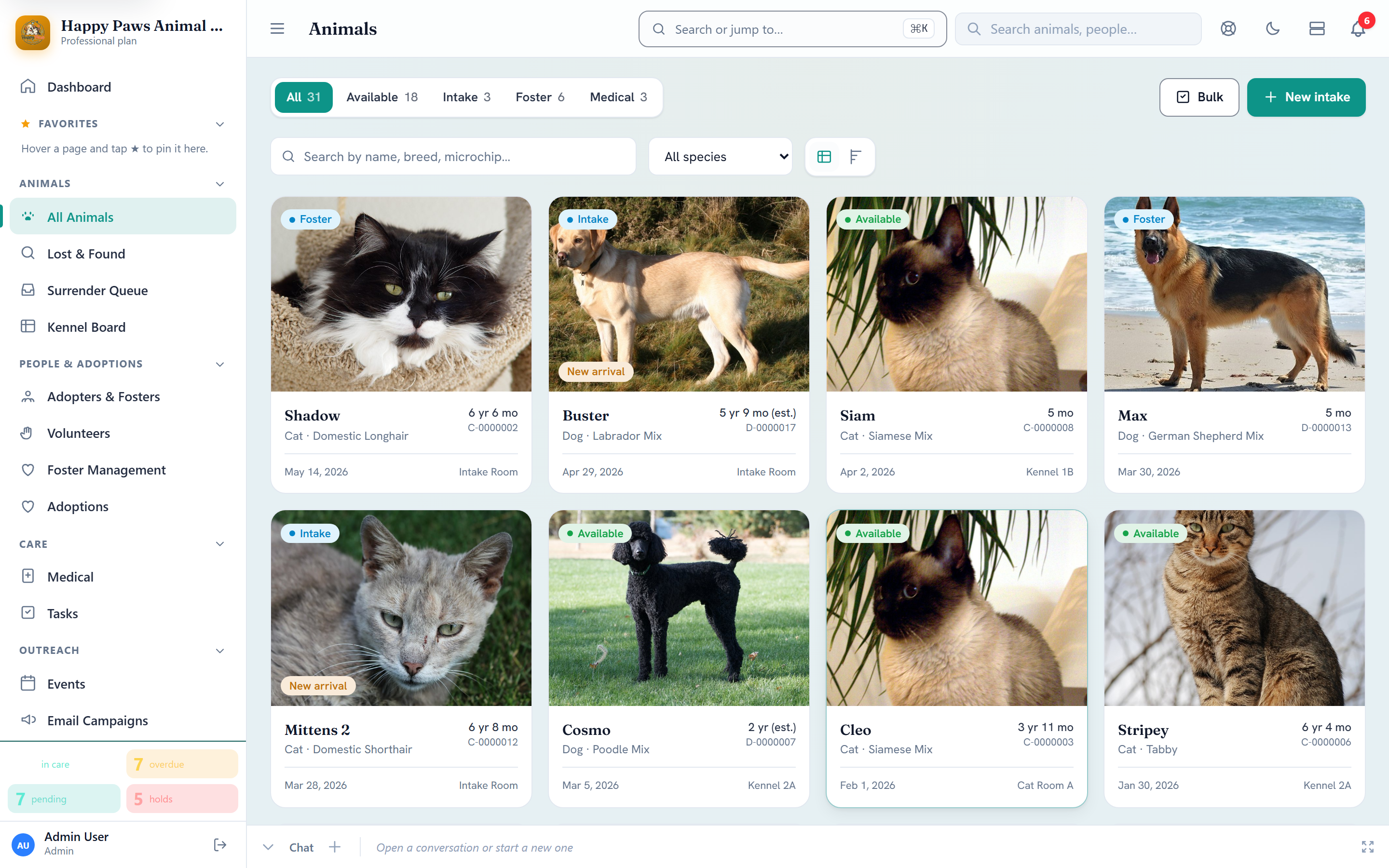 RescueSphere animal list with status, species, and search/filter controls