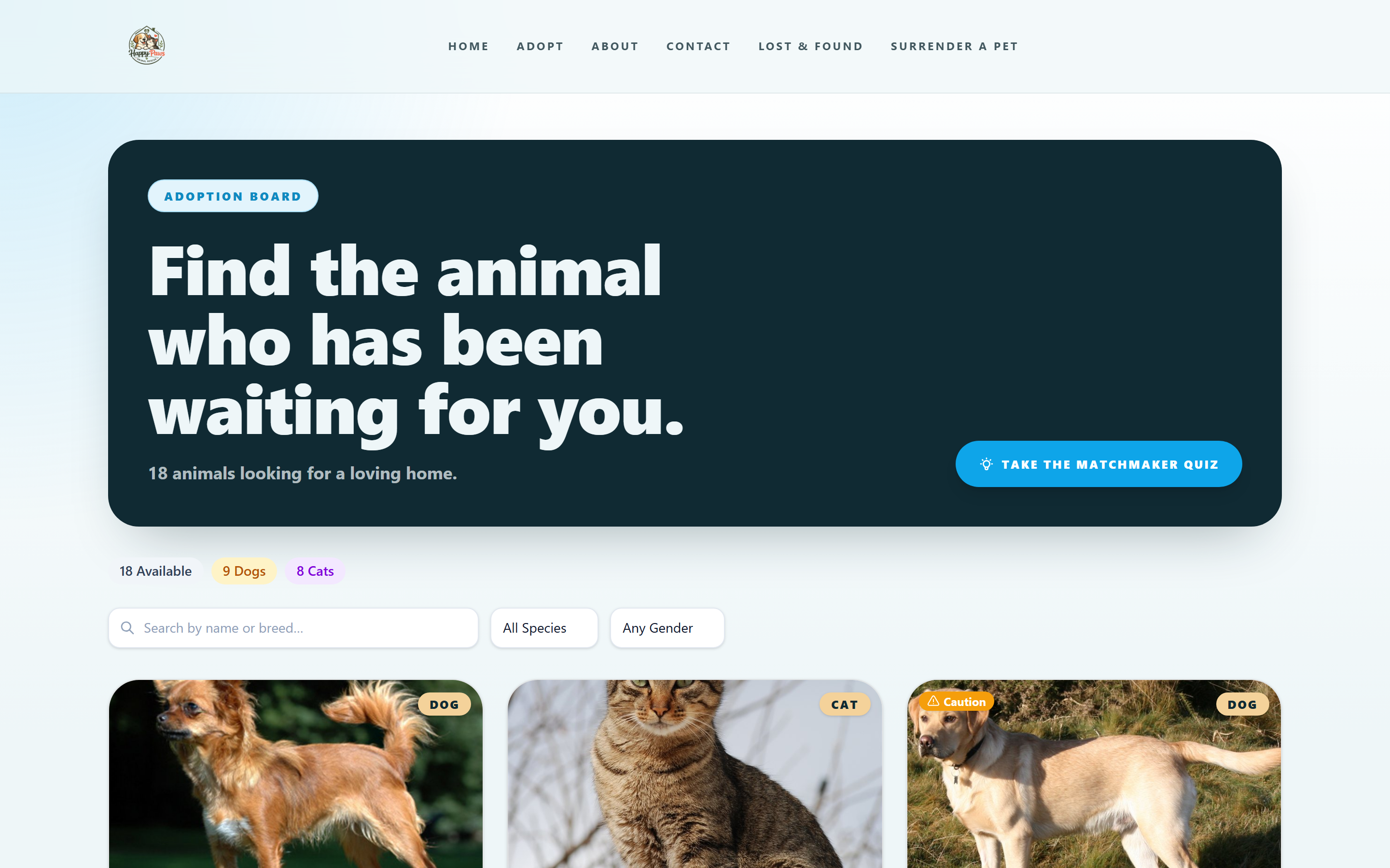 Public adoption page for Comeback Canines Animal Rescue, listing available dogs and cats with apply buttons